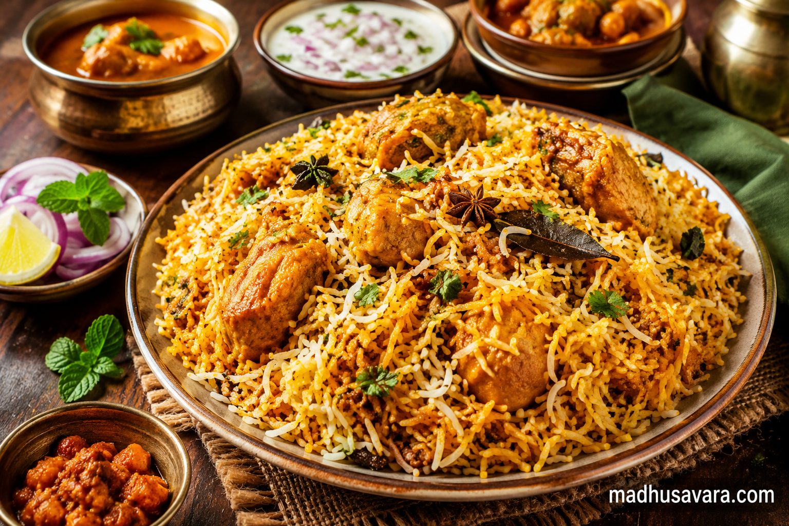 Authentic Chettinad Chicken Biryani served on a plate with fluffy Seeraga Samba rice, tender chicken, onion raita, salna, pickle, papad and lemon wedges on a rustic wooden table.