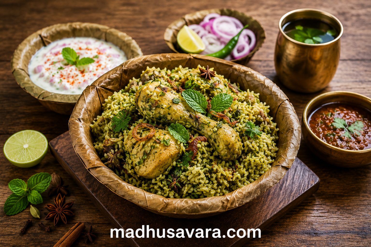 Authentic Karnataka Donne Chicken Biryani served in a traditional areca leaf donne with onion raita, salan, sliced onions, lemon wedges and fresh herbs.