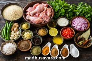 Fresh ingredients for authentic Karnataka Donne Chicken Biryani including Jeera Samba rice, chicken, mint, coriander, green chillies, yogurt, whole spices, onions, tomatoes, ginger, garlic and ghee.