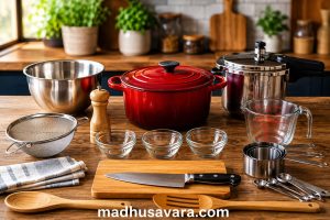 Essential kitchen utensils for cooking authentic Donne Biryani including a heavy-bottomed pot, pressure cooker, mixing bowl, knife, measuring cups, sieve, wooden spatula and chopping board.
