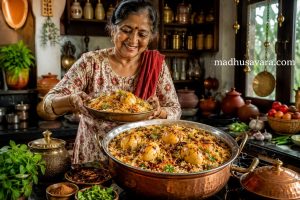 A joyful home cook serving authentic Hyderabadi egg dum biryani in a traditional Indian kitchen, featuring fragrant basmati rice, spice-coated boiled eggs, crispy fried onions, fresh herbs, and a copper handi.