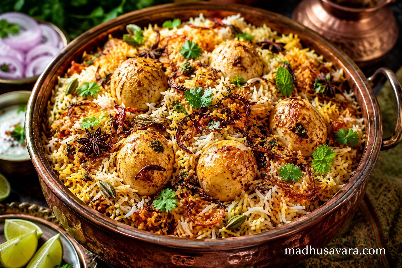 Authentic Hyderabadi-style egg biryani served in a copper handi with fragrant basmati rice, golden spice-coated boiled eggs, crispy fried onions, fresh mint, coriander, saffron, and whole spices.
