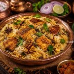 Authentic Kerala Malabar Fish Biryani served in a traditional brass handi with fragrant rice, tender fish pieces, fried onions, cashews, raisins, curry leaves, lemon wedges, cucumber raita, papad, and pickle,