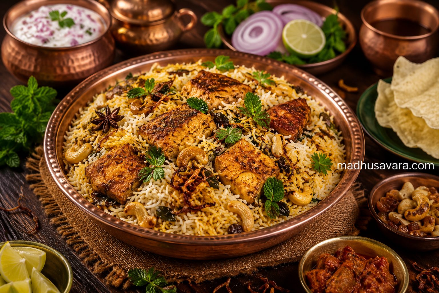Authentic Kerala Malabar Fish Biryani served in a traditional brass handi with fragrant rice, tender fish pieces, fried onions, cashews, raisins, curry leaves, lemon wedges, cucumber raita, papad, and pickle,