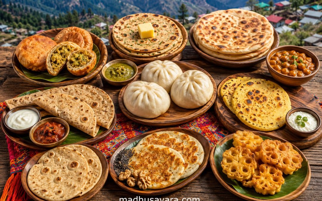Authentic Himachali breads and snacks platter featuring Babru, Beduan Roti, Patande, Siddu, Bhaturu, Aktori, Chilra, Manday, Kachri Ki Roti, and Bhey Pakora served in traditional wooden plates