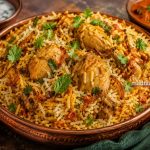 Authentic Ambur Chicken Biryani served in a traditional copper handi with tender chicken pieces, aromatic seeraga samba rice, fried onions, fresh coriander, mint leaves, raita, and curry,