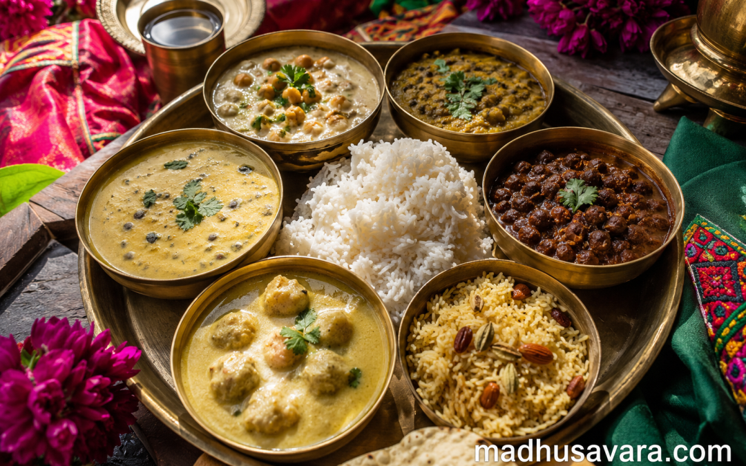 Authentic Chamba Dham traditional food served on a large brass platter with steamed rice, Chana Madra, Mah ki Dal, Chambyalli Kala Chana Khatta, Boor Ki Kadi, and Meetha Bhaat in traditional brass bowls, representing the festive cuisine of Himachal Pradesh.