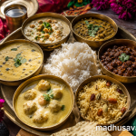 Authentic Chamba Dham traditional food served on a large brass platter with steamed rice, Chana Madra, Mah ki Dal, Chambyalli Kala Chana Khatta, Boor Ki Kadi, and Meetha Bhaat in traditional brass bowls, representing the festive cuisine of Himachal Pradesh.