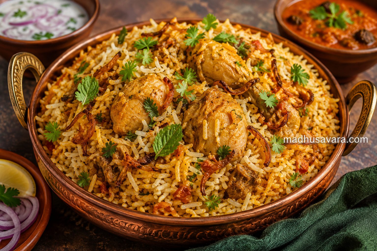 Authentic Ambur Chicken Biryani served in a traditional copper handi with tender chicken pieces, aromatic seeraga samba rice, fried onions, fresh coriander, mint leaves, raita, and curry,