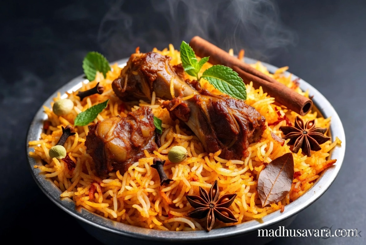 Authentic Kalyani Mutton Biryani in a metal bowl, featuring tender mutton pieces, saffron rice, and aromatic spices - steaming hot and vibrant