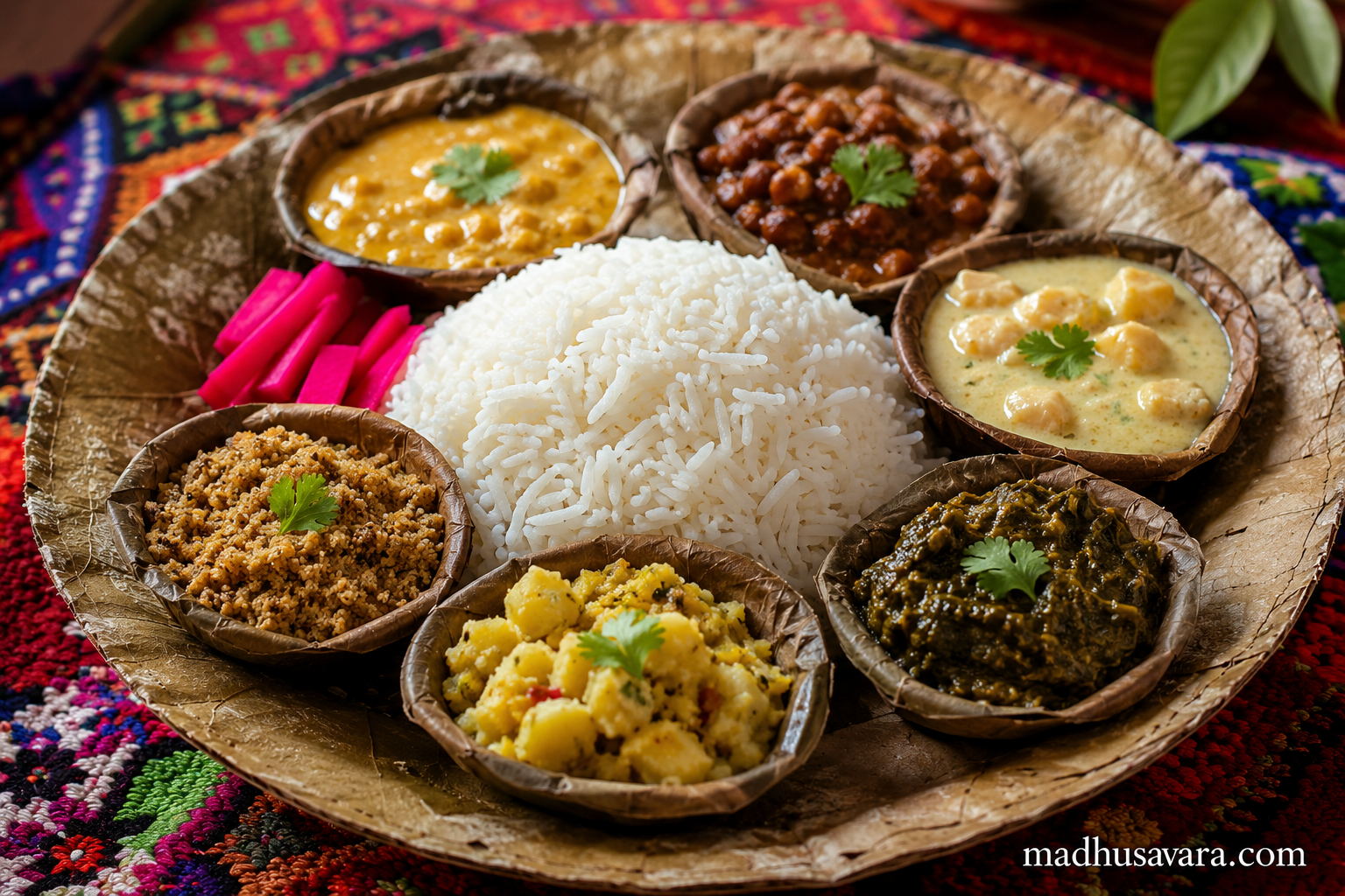 Authentic Kangri Dham boiled rice served on a traditional leaf plate with fluffy long-grain white rice, photographed in vibrant high-resolution with a rustic Himachali festive presentation