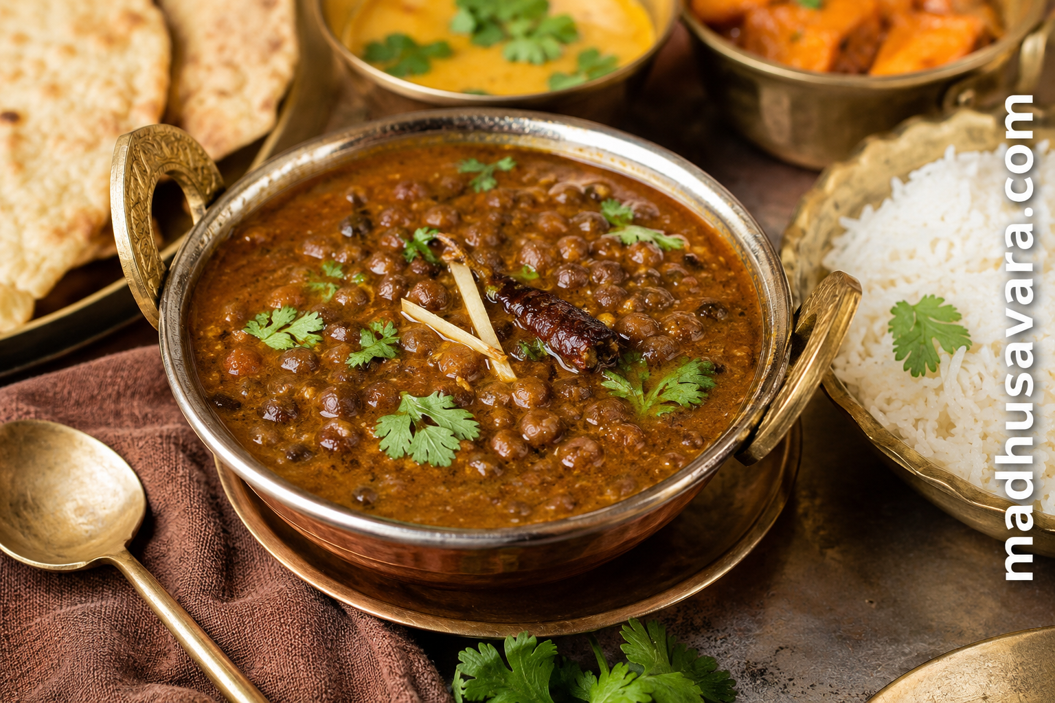Authentic Kol Ka Khatta served in a traditional brass handi with steamed rice, showcasing the signature tangy horse gram curry of Himachali Mandyalli Dham, garnished with fresh coriander, ginger juliennes and whole red chilli,