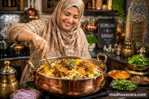 Joyful Muslim woman cooking Authentic Memoni Biryani in a traditional kitchen, stirring a large copper handi filled with fragrant basmati rice, tender mutton, golden potatoes and aromatic spices, surrounded by fresh herbs and colourful ingredients.
