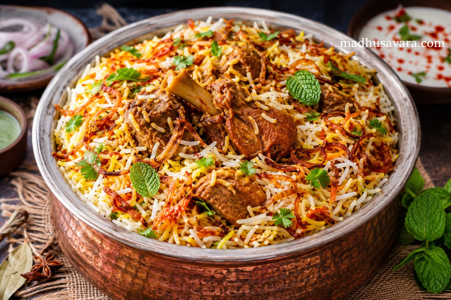 Authentic Lucknowi Biryani Recipe served in a traditional copper handi with saffron-infused basmati rice, tender dum-cooked mutton, crispy fried onions, fresh mint, and aromatic Awadhi spices.
