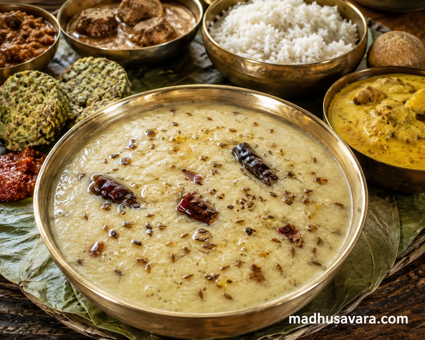 Authentic Dhuli Mah Ki Dal served in a traditional brass bowl on a leaf plate with steamed rice and Mandyali Dham dishes, topped with a fragrant ghee tadka of cumin and dried red chillies.