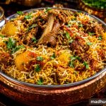 Authentic Memoni Biryani served in a traditional hammered copper handi with fragrant basmati rice, tender mutton, golden potatoes, crispy fried onions, fresh coriander and mint, accompanied by raita, chutney and lemon wedges.