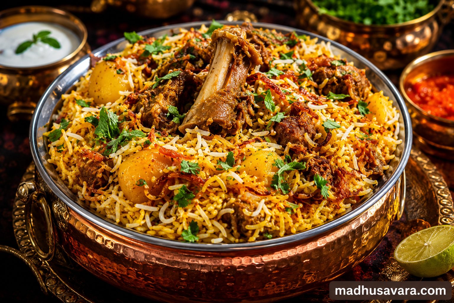 Authentic Memoni Biryani served in a traditional hammered copper handi with fragrant basmati rice, tender mutton, golden potatoes, crispy fried onions, fresh coriander and mint, accompanied by raita, chutney and lemon wedges.