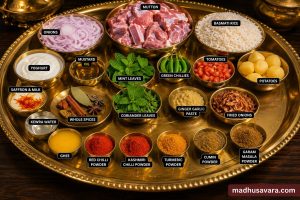 Authentic Memoni Biryani ingredients arranged in shining brass thalis, featuring basmati rice, mutton, potatoes, yoghurt, tomatoes, onions, fresh mint, coriander, green chillies, aromatic whole spices, ground spices, saffron milk and ghee for a traditional dum biryani recipe.
