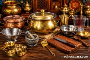 Traditional utensils for preparing Authentic Memoni Biryani, including a brass biryani pot, copper cooking pot, rice strainer, mortar and pestle, measuring cups, mixing bowls, chopping board, knife and wooden spoon, displayed with vibrant colours in a high-resolution kitchen setting.