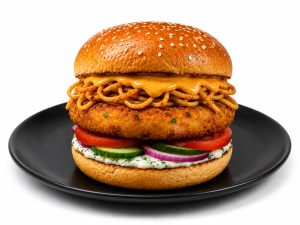 Authentic Noodle Burger featuring crispy noodle patty, fresh vegetables, creamy cheese sauce and a golden burger bun, served as a popular fusion Indian street food snack.