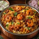 Authentic Kerala Malabar Prawn Biryani served in a traditional copper handi with fragrant Jeerakasala rice, tender prawns, caramelised onions, fresh mint, coriander, fried cashews, raisins, cucumber raita, lemon wedges, papad, and pickle.