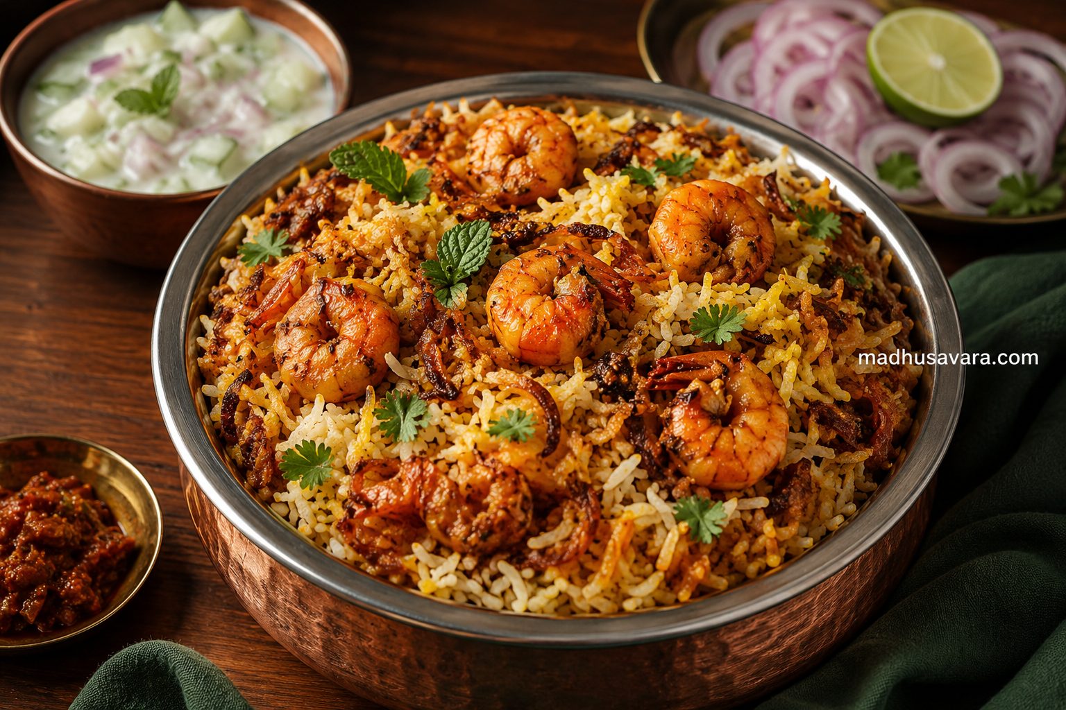 Authentic Kerala Malabar Prawn Biryani Recipe | Chemmeen Dum Biryani | Madhusavara Authentic Kerala Malabar Prawn Biryani served in a traditional copper handi with fragrant Jeerakasala rice, tender prawns, caramelised onions, fresh mint, coriander, fried cashews, raisins, cucumber raita, lemon wedges, papad, and pickle.