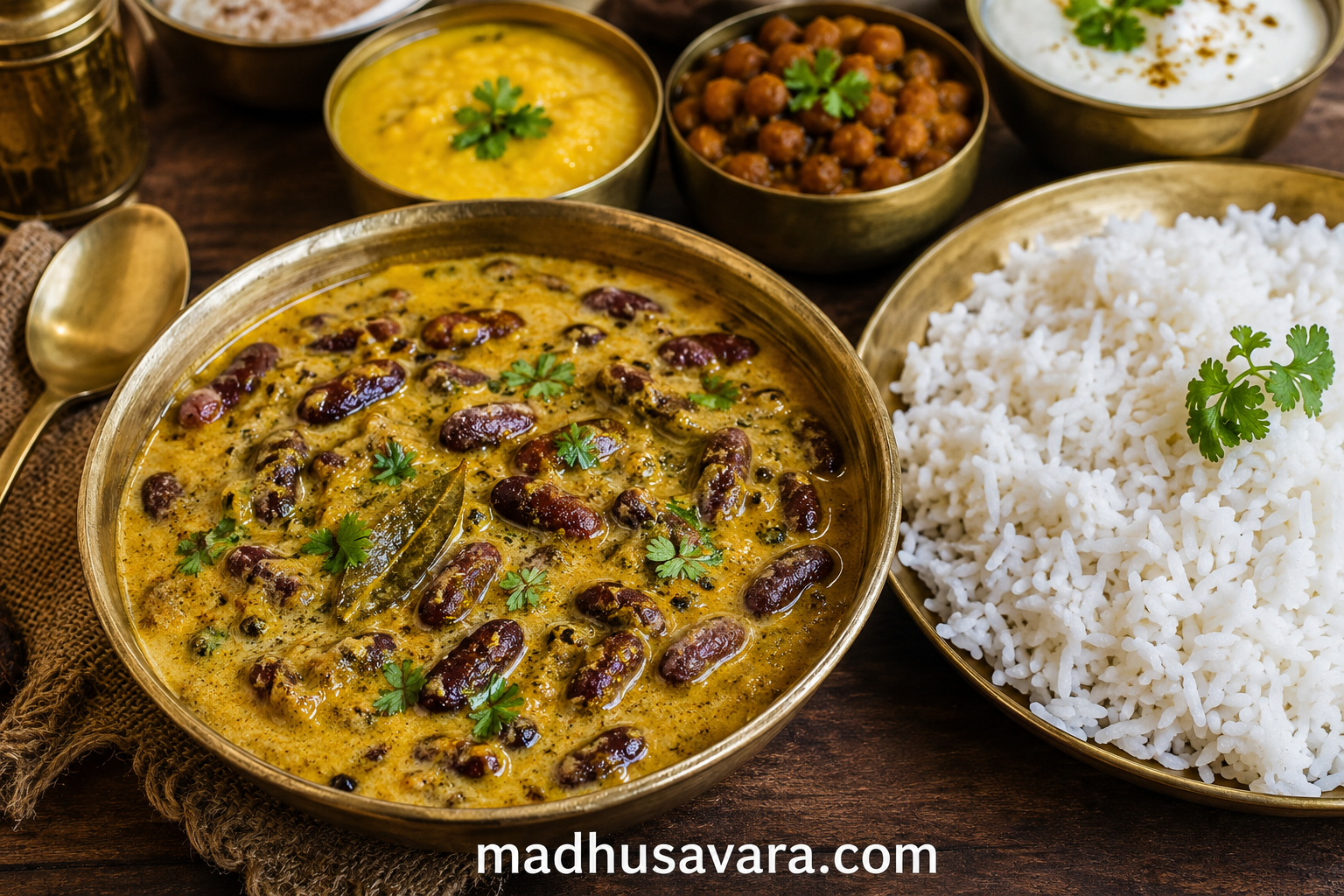 Authentic Rajmah Madra Recipe served in a traditional brass bowl with steamed Dham rice, Chana Madra, Chambyalli Kala Chana Khatta and curd on a rustic wooden table, showcasing the rich flavours of Chambyalli Dham from Chamba, Himachal Pradesh.