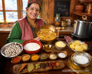 Traditional ingredients for Authentic Rongi Madra Recipe arranged in a Himachali kitchen by a joyful lady, featuring black-eyed peas (rongi), yoghurt, desi ghee, whole spices and potatoes, ready for cooking Kullu Dham Himachali Madra.