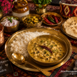 Authentic Rongi Madra served in a traditional brass bowl with steamed rice on a brass thali, accompanied by Himachali pickle, papad, green chillies and copper utensils, beautifully presented in the traditional Kullu Dham style.