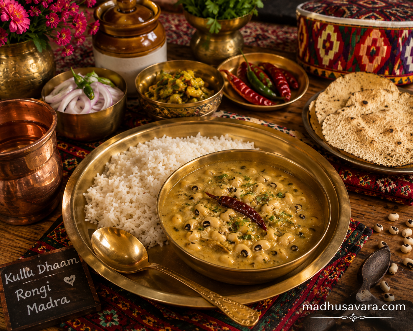 Authentic Rongi Madra Served in Traditional Kullu Dham Style | Himachali Lobia Madra Thali Authentic Rongi Madra served in a traditional brass bowl with steamed rice on a brass thali, accompanied by Himachali pickle, papad, green chillies and copper utensils, beautifully presented in the traditional Kullu Dham style.