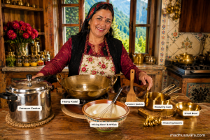 Essential utensils for preparing Authentic Rongi Madra Recipe arranged in a traditional Himachali kitchen by a joyful Himachali lady, featuring a pressure cooker, heavy kadai, whisk, wooden spatula, measuring cups, mixing bowl and spice bowls, ready to cook Kullu Dham Himachali Rongi Madra.