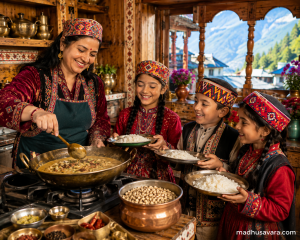 Essential utensils for preparing Authentic Rongi Madra Recipe arranged in a traditional Himachali kitchen by a joyful Himachali lady, featuring a pressure cooker, heavy kadai, whisk, wooden spatula, measuring cups, mixing bowl and spice bowls, ready to cook Kullu Dham Himachali Rongi Madra.