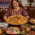 Authentic Sindhi Biryani served on a dining table with raita, onion salad, papad, lemon wedges, and traditional accompaniments, presented by a Sindhi housewife.