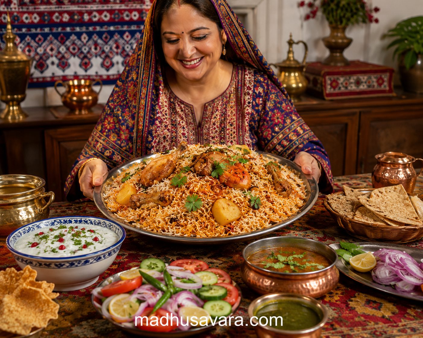 Authentic Sindhi Biryani served on a dining table with raita, onion salad, papad, lemon wedges, and traditional accompaniments, presented by a Sindhi housewife.