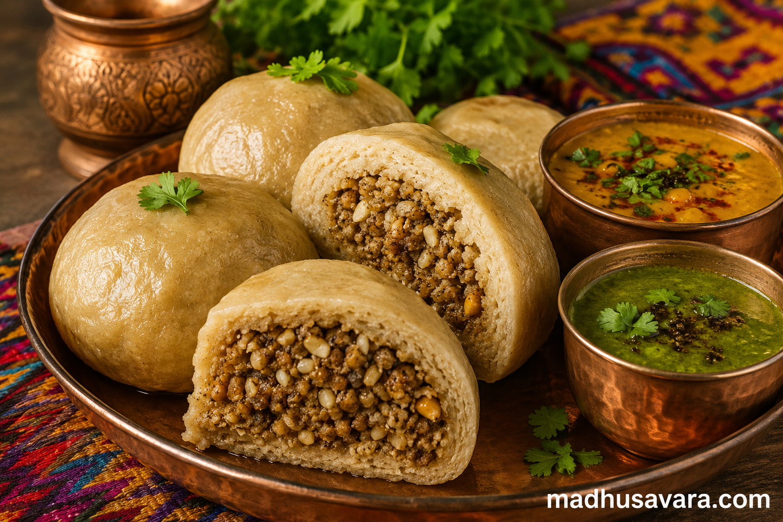Authentic Himachali Siddu served with desi ghee, Himachali dal and green chutney, featuring soft steamed buns with a traditional walnut and poppy seed filling, inspired by Kullu Dham cuisine.