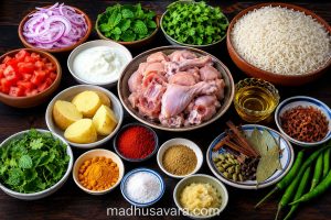 Fresh ingredients for authentic Sindhi Biryani including basmati rice, chicken, potatoes, yogurt, tomatoes, onions, mint, coriander, green chillies, saffron, and aromatic whole spices arranged on a rustic wooden table.