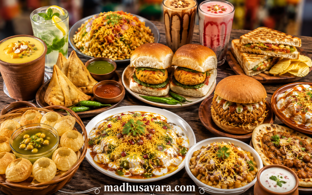 authentic Indian street food, including Samosa, Pav Bhaji, Vada Pav, Bombay Sandwich, Noodle Burger, Aloo Tikki Chaat, Pani Puri, Momos, Channa Kulche, Mango Lassi, Masala Soda and Cold Coffee, beautifully arranged on a rustic wooden table with a lively Indian street market backdrop.