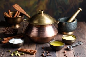 Traditional brass handi, mortar and pestle, wooden spatula, and other cooking utensils used for Bhatkali biryani on a rustic wooden surface.