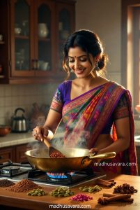 Smiling Indian woman in traditional saree happily roasting fresh whole spices for authentic homemade Biryani Masala in a brass pan in a warm kitchen, ingredients scattered on counter - madhusavara.com