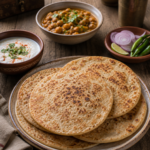 Manday bread served on a rustic wooden table with curd, green chutney, onions, green chillies and Himalayan-style accompaniments