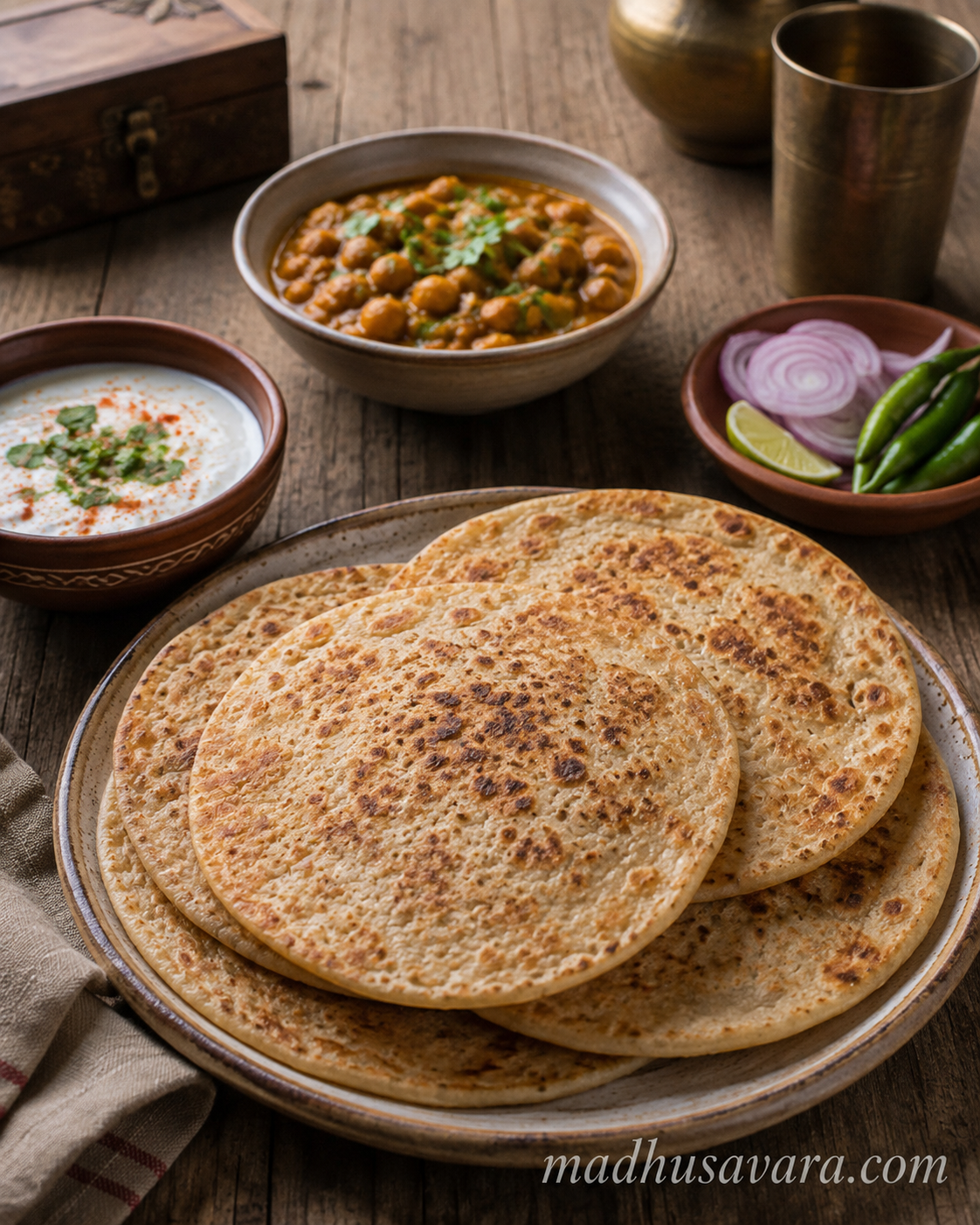 Manday bread served on a rustic wooden table with curd, green chutney, onions, green chillies and Himalayan-style accompaniments
