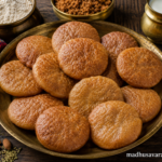 Traditional Himachali Marchu or Mithdu sweet bread, hand-pressed and deep-fried, served on a brass platter with jaggery, flour, milk and fennel seeds.
