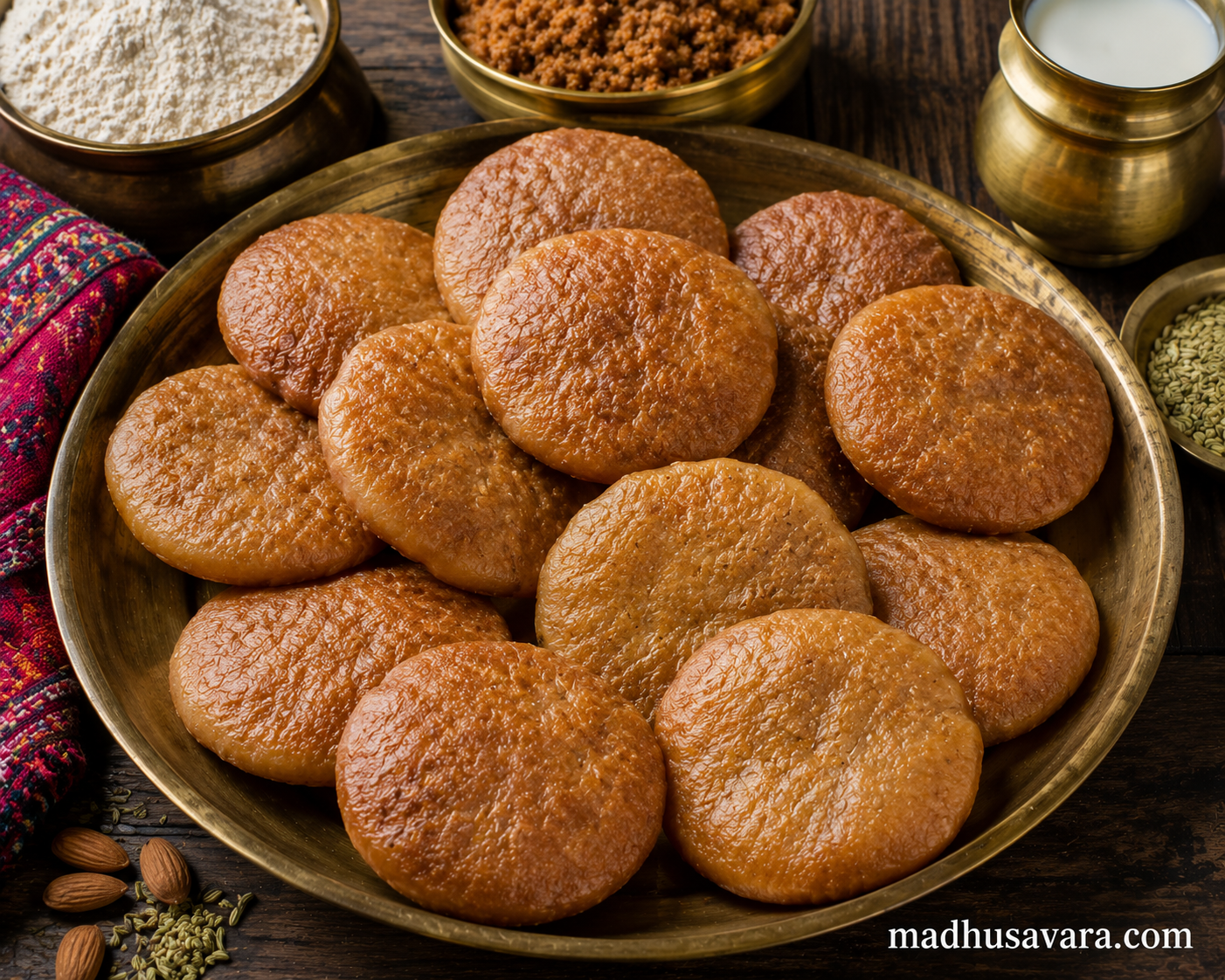 Traditional Himachali Marchu or Mithdu sweet bread, hand-pressed and deep-fried, served on a brass platter with jaggery, flour, milk and fennel seeds.