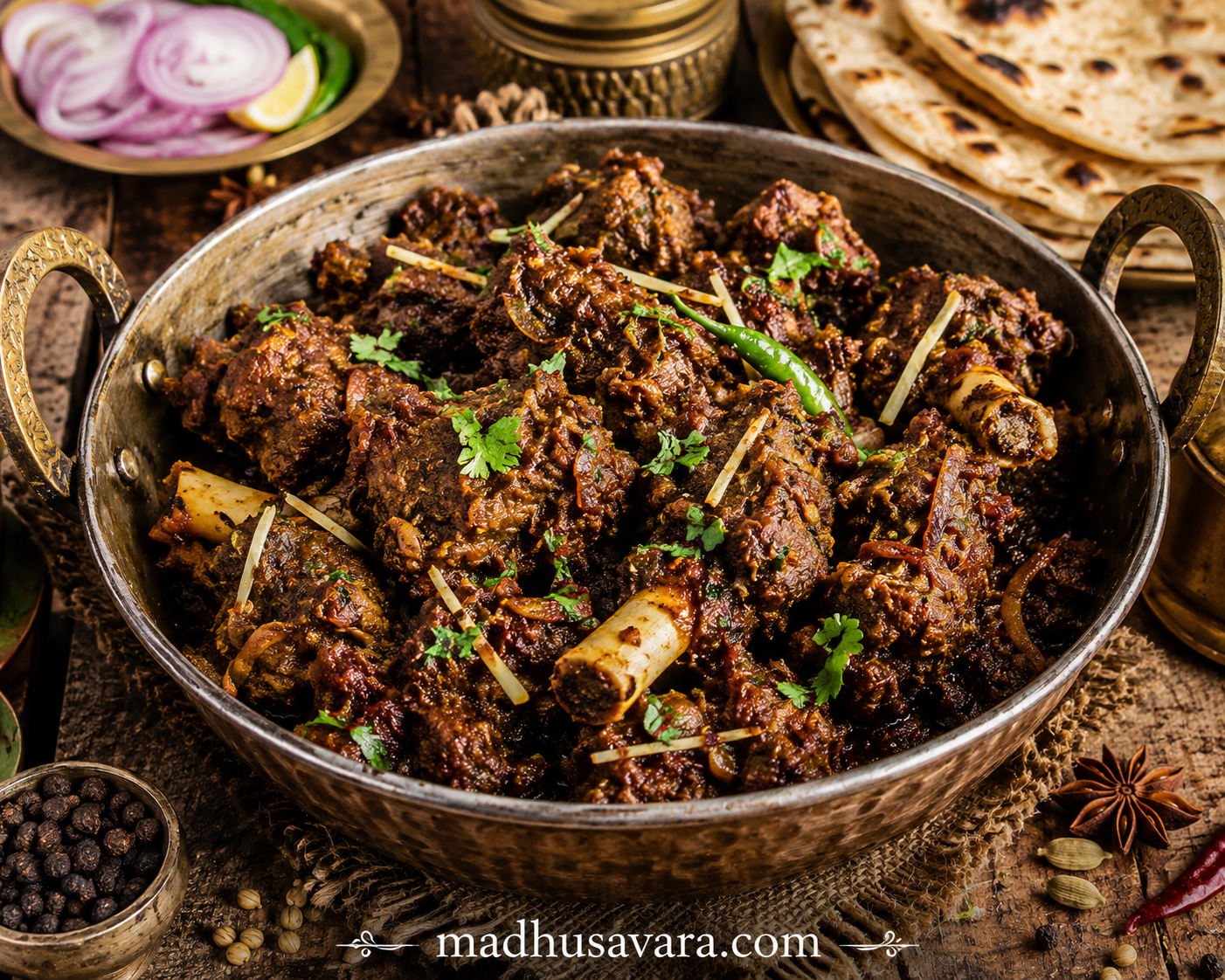 Traditional Ranjha Gosht served in a rustic brass handi, featuring slow-cooked dry mutton coated in rich Punjabi spices with tandoori roti, onions and whole spices.