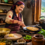 Beduan Roti Recipe | Authentic Himachali Arbi Stuffed Flatbread | Madhu Savara 1 Authentic Himachali Beduan Roti being cooked on a traditional tawa in a Himachali kitchen by a joyful woman, featuring arbi stuffed makki roti prepared using the traditional Beduan Roti recipe.
