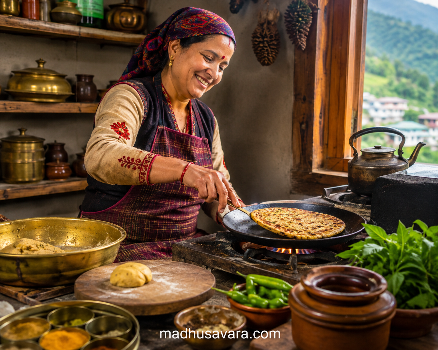 Authentic Himachali Beduan Roti Recipe | Arbi Stuffed Makki Roti Authentic Himachali Beduan Roti being cooked on a traditional tawa in a Himachali kitchen by a joyful woman, featuring arbi stuffed makki roti prepared using the traditional Beduan Roti recipe.