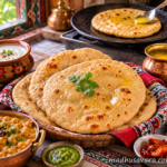 Authentic Himachali Bhaturu roasted on a tawa with ghee, served with Chana Madra, chutney and traditional accompaniments in a Himachali kitchen.