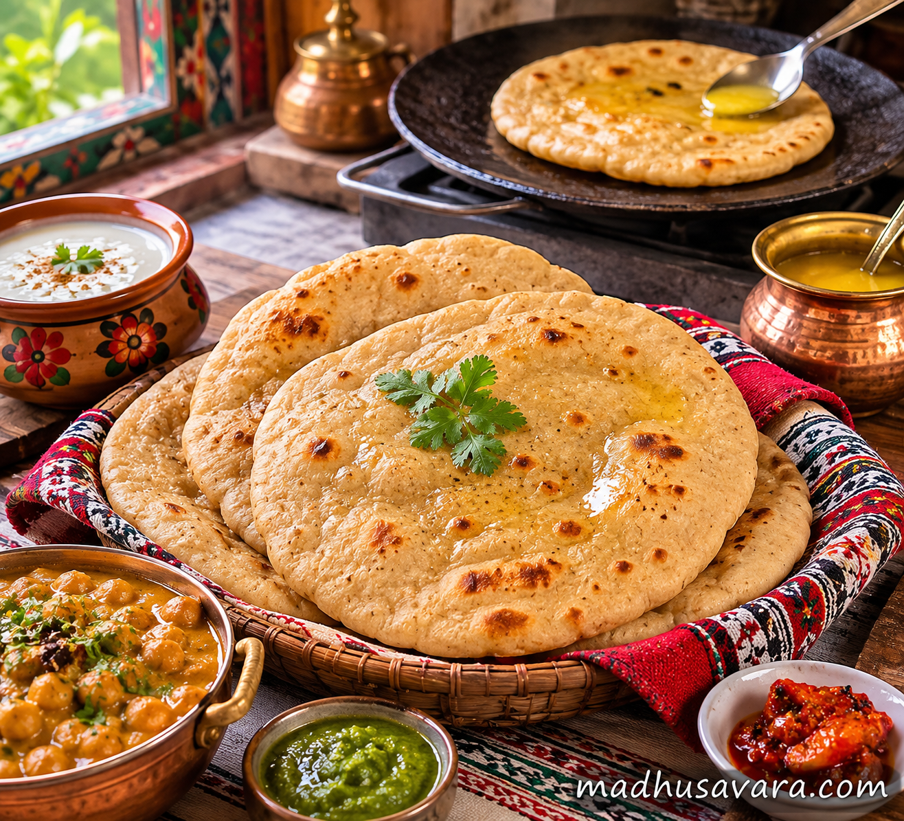 Authentic Himachali Bhaturu roasted on a tawa with ghee, served with Chana Madra, chutney and traditional accompaniments in a Himachali kitchen.
