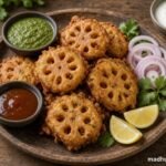 Bhey Pakora Recipe – Crispy Bhein Pakora | Lotus Stem Fritters 1 Authentic Himachali Bhey Pakora lotus stem fritters served with green chutney tamarind chutney onion rings lemon and curd on wooden table