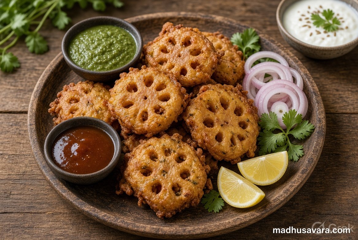 Bhey Pakora Recipe | Authentic Himachali Lotus Stem Fritters Authentic Himachali Bhey Pakora lotus stem fritters served with green chutney tamarind chutney onion rings lemon and curd on wooden table